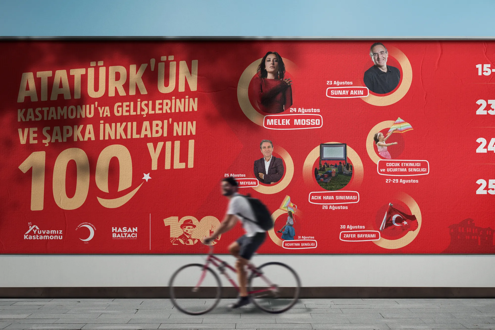 100. yıl etkinlik programını gösteren kırmızı billboard tasarımı