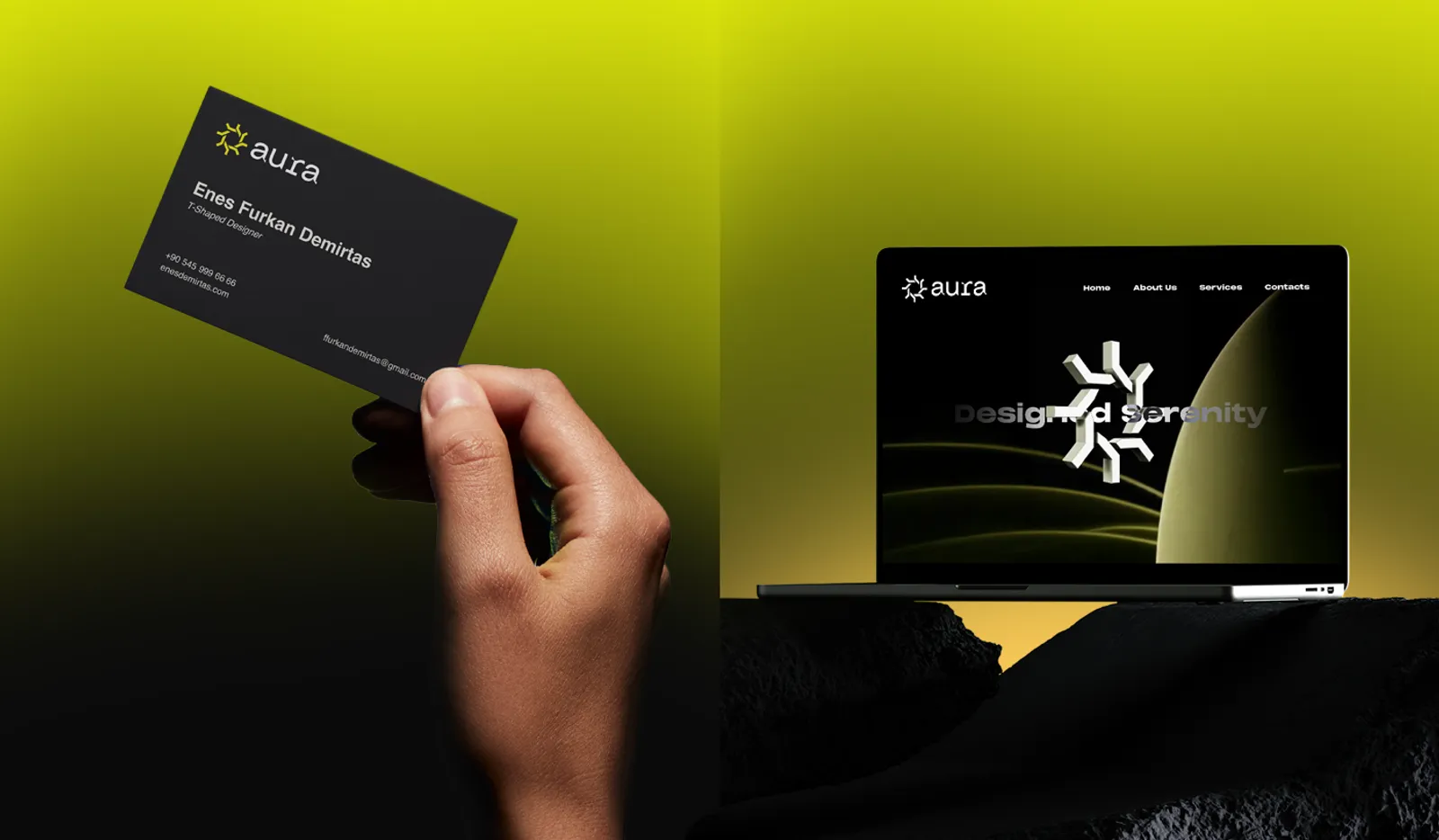 Aura business card and website mockup