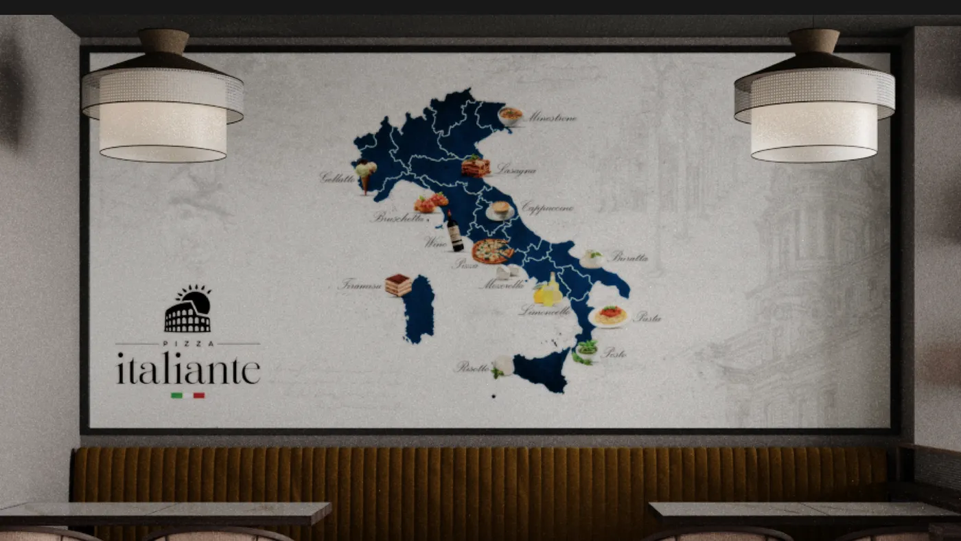 Italy cuisine map mural — restaurant render